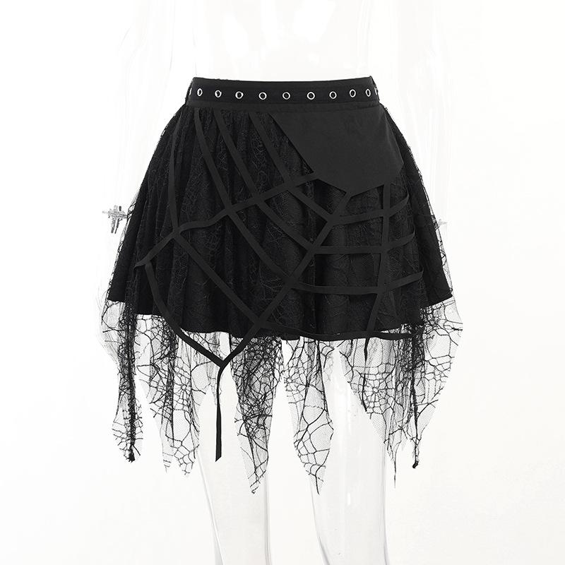 Solid irregular mesh spider web pattern mini skirt y2k 90s Revival Techno Fashion - Image 3