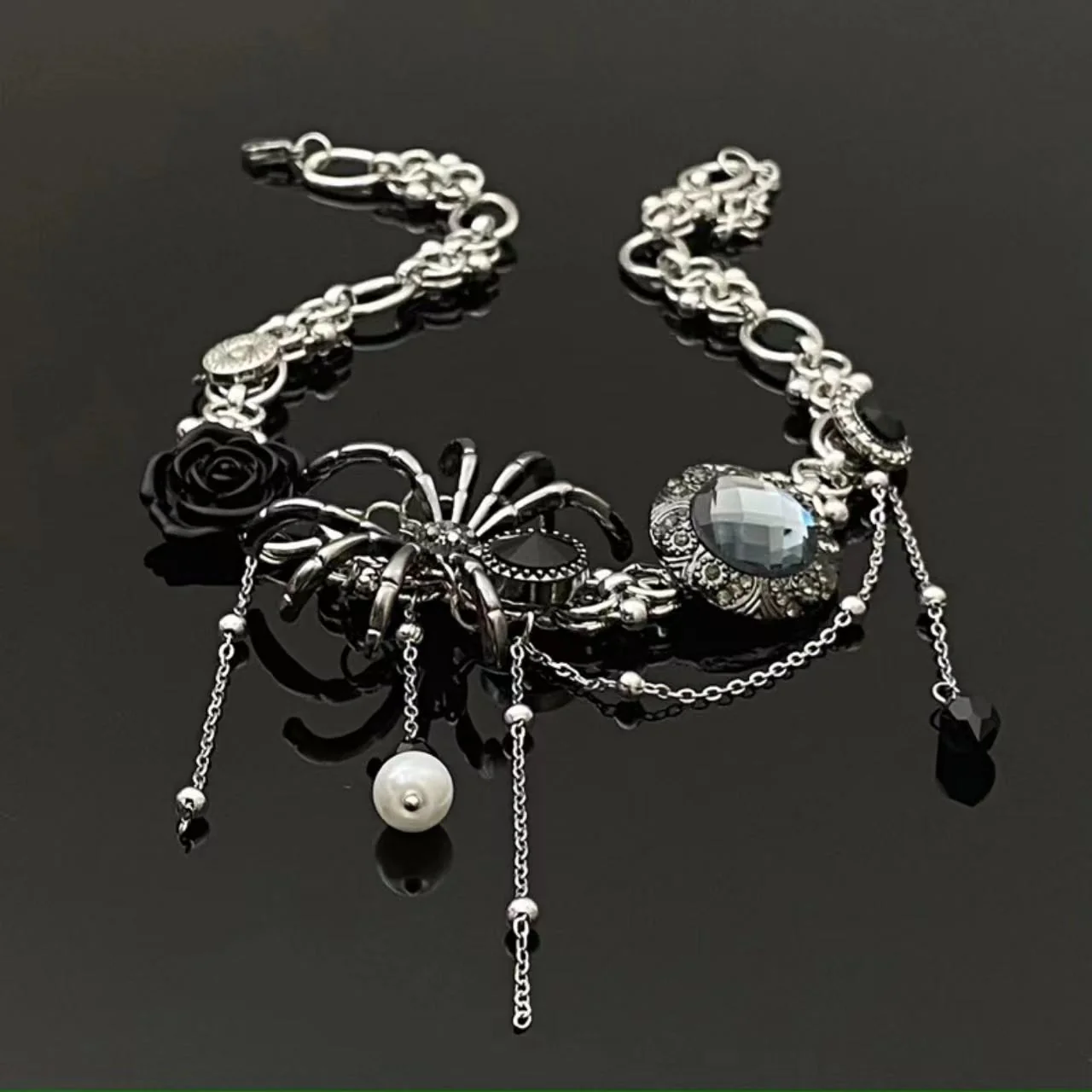 Spider rose beaded metal chain choker necklace - Image 2