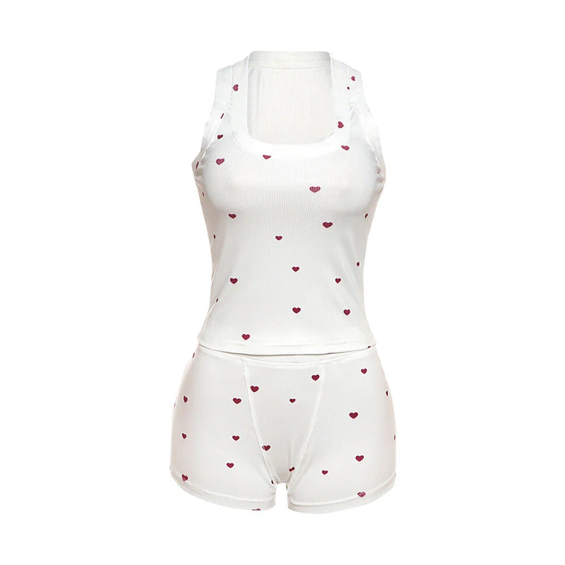 Square neck heart print ribbed pant set