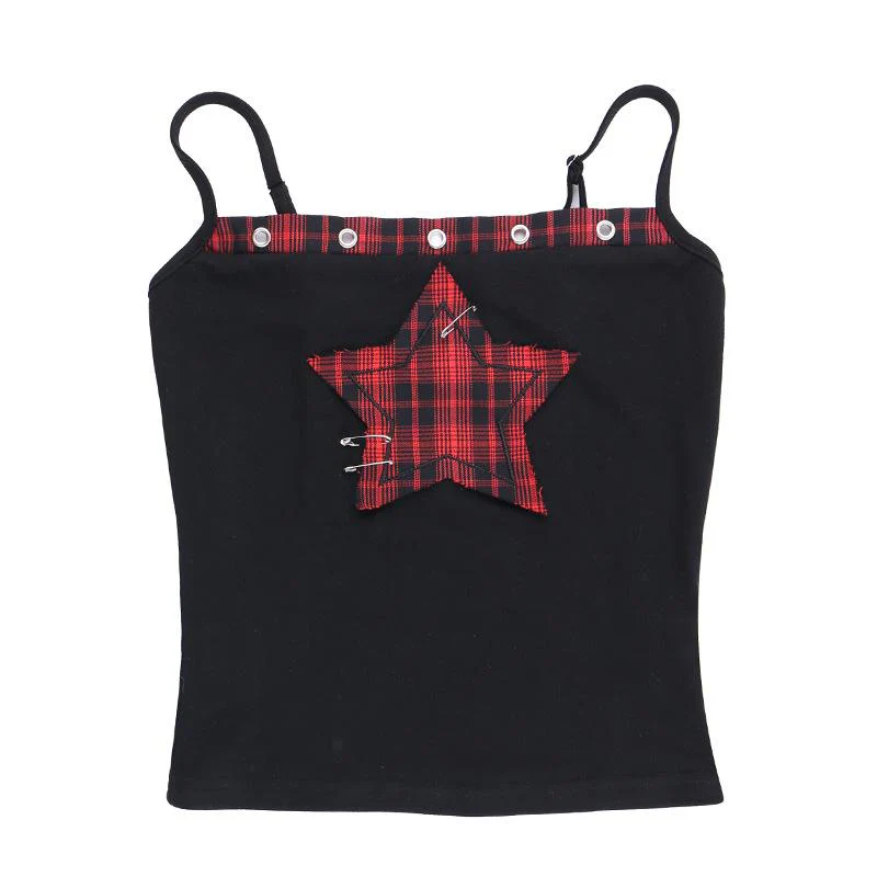 Square neck hollow out star print plaid cami top - Image 2