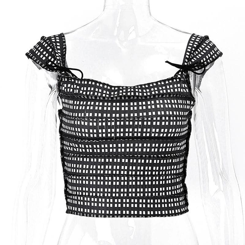 Square neck stitch knotted plaid print cap sleeve crop top y2k 90s Revival Techno Fashion - Image 2