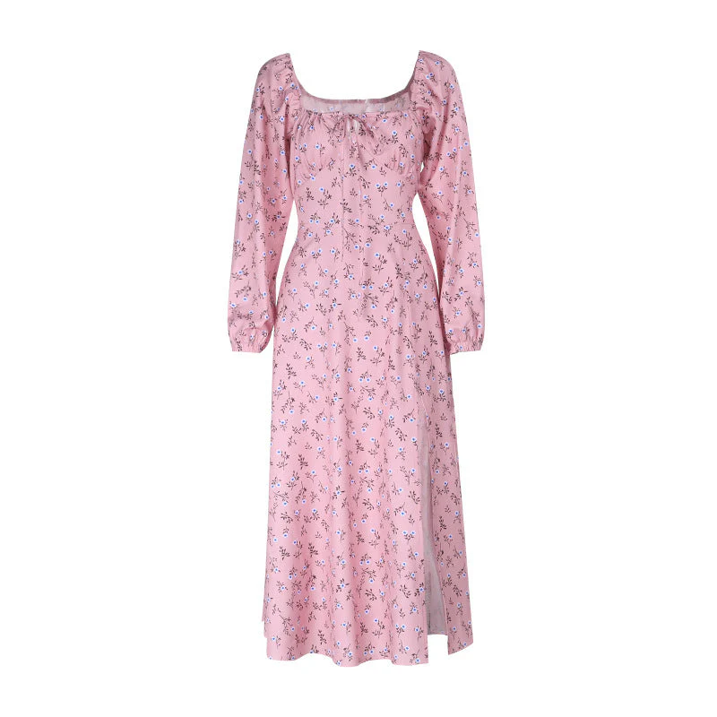 Square neck long sleeve high slit flower print maxi dress