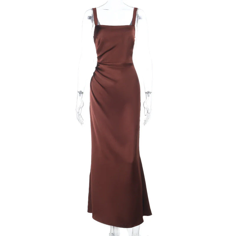 Square neck satin ruched zip-up cami maxi dress - Image 3