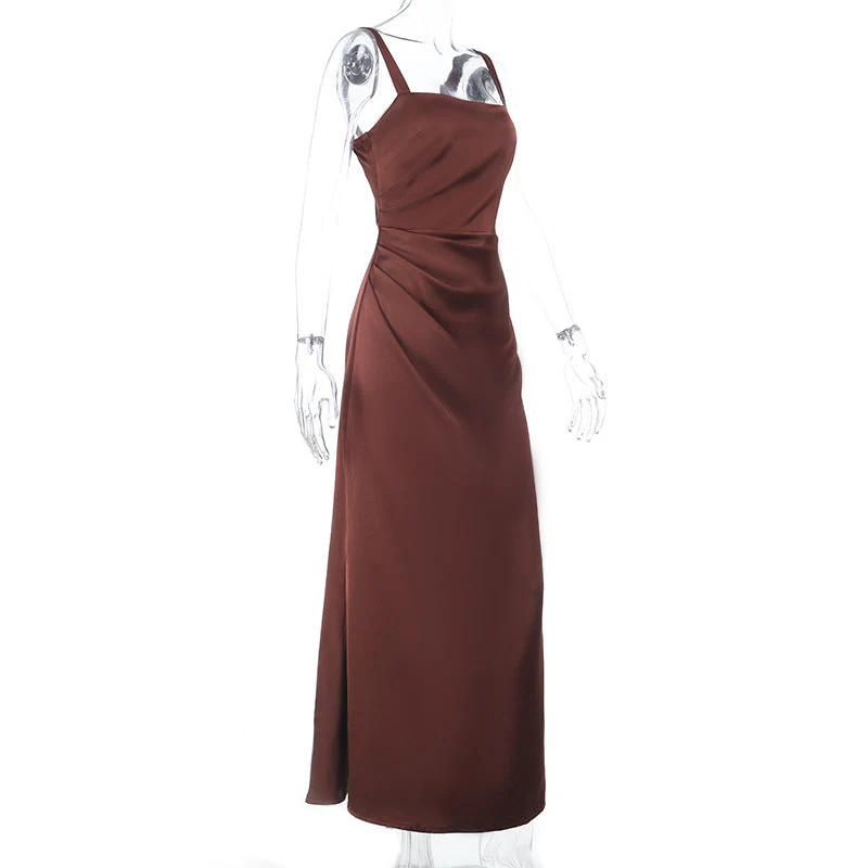 Square neck satin ruched zip-up cami maxi dress - Image 4