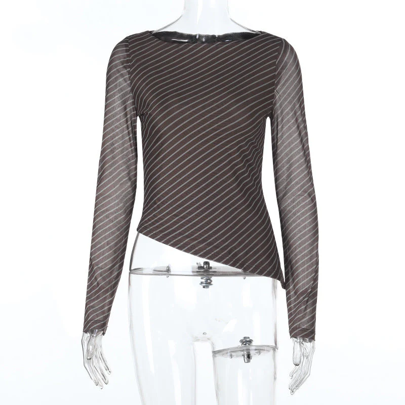Striped long sleeve crewneck irregular top - Image 2