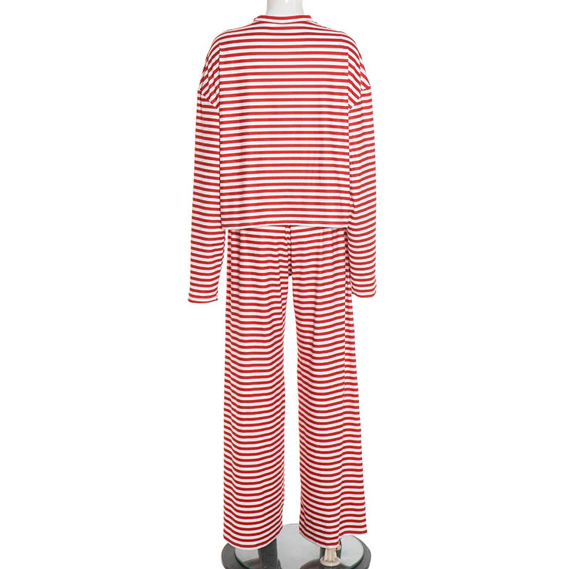 Striped print crewneck drawstring medium rise pant set - Image 6