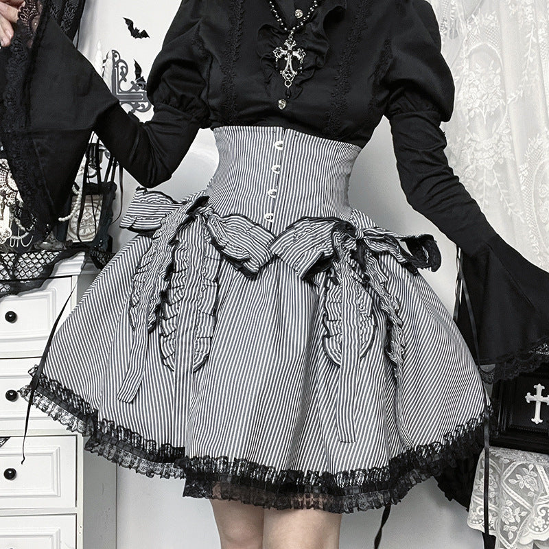 Striped print lace hem bowknot mini skirt