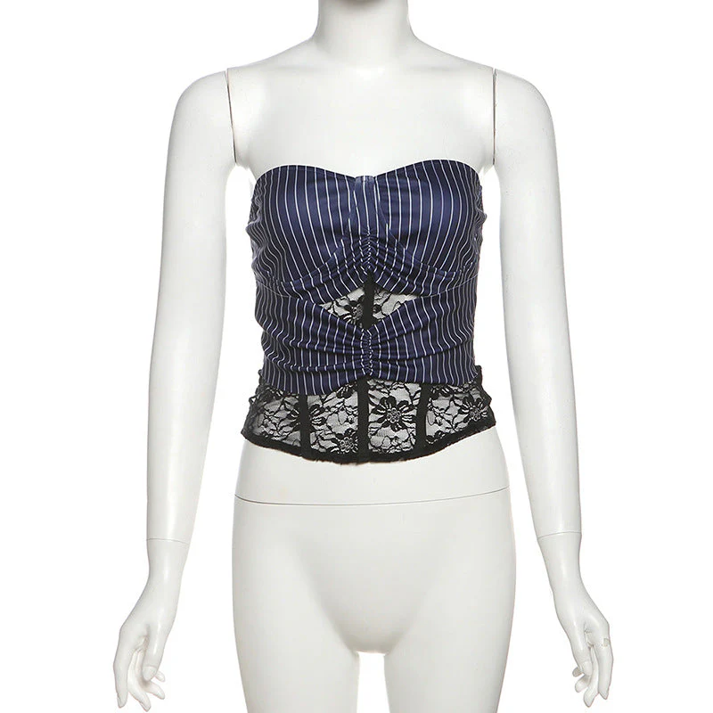 Striped print lace patchwork tube top - Image 2