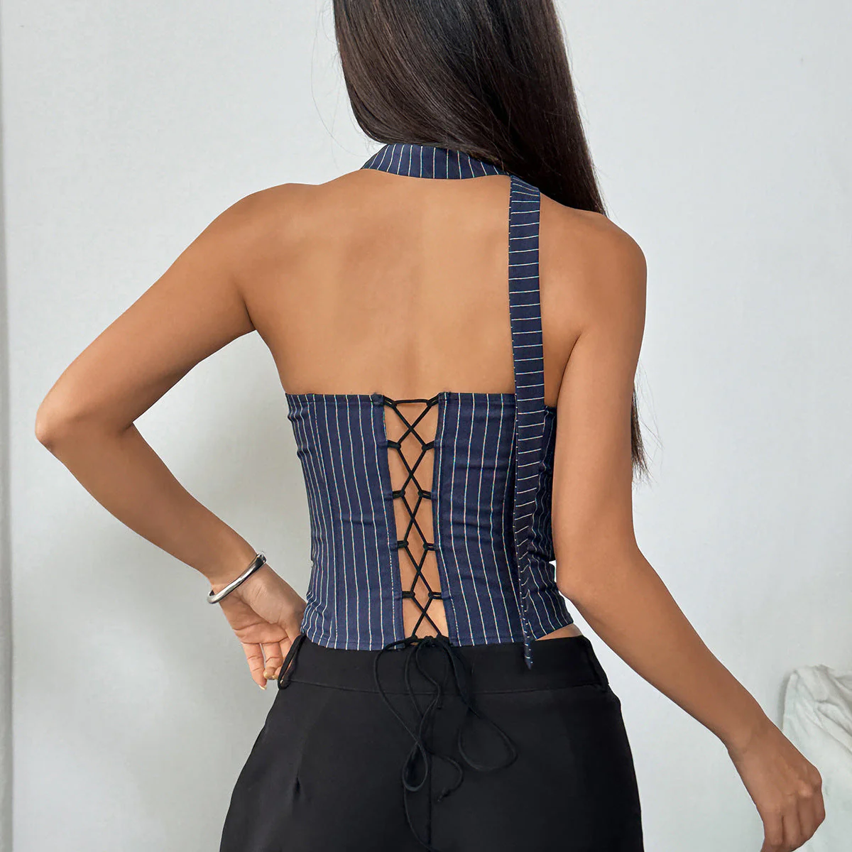 Striped ruched lace up sweetheart neck tube top - Image 3