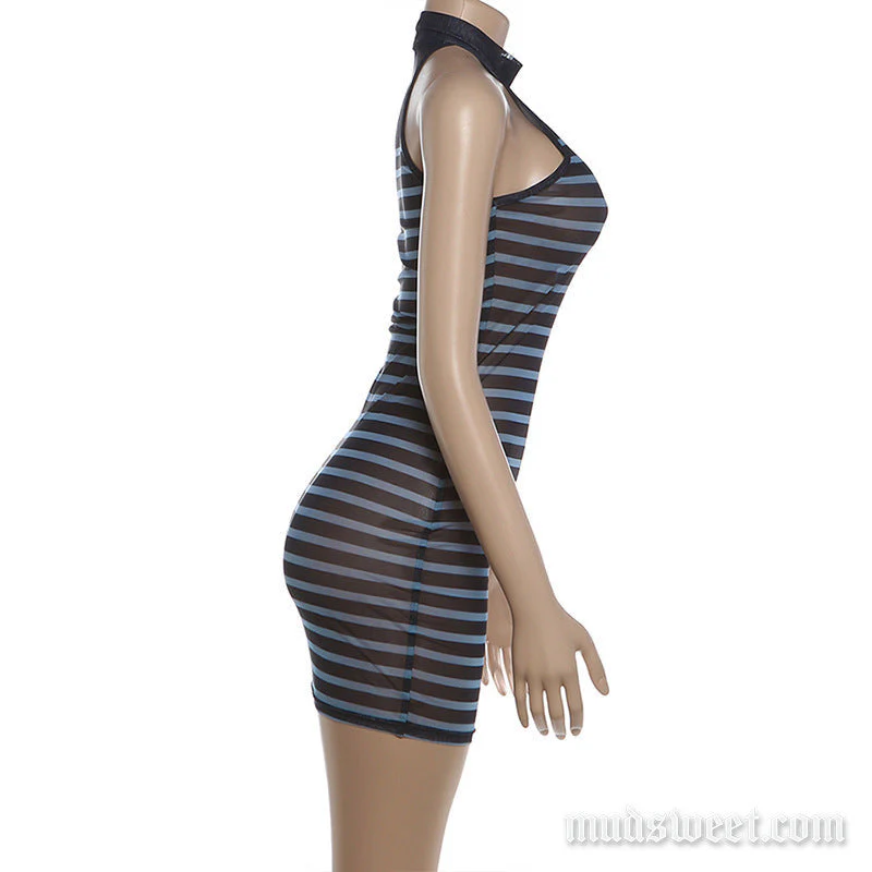 Striped sheer mesh crewneck mini dress - Image 3