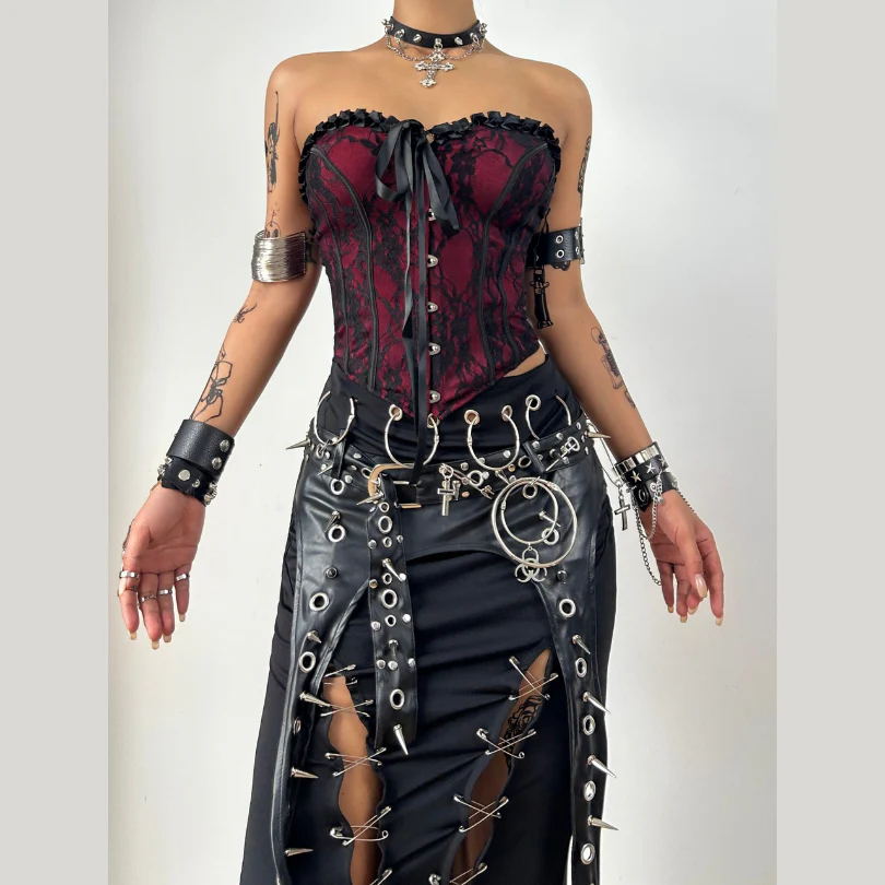 Sweetheart neck backless ruffle button corset contrast top goth Alternative Darkwave Fashion goth Emo Darkwave Fashion - Image 2