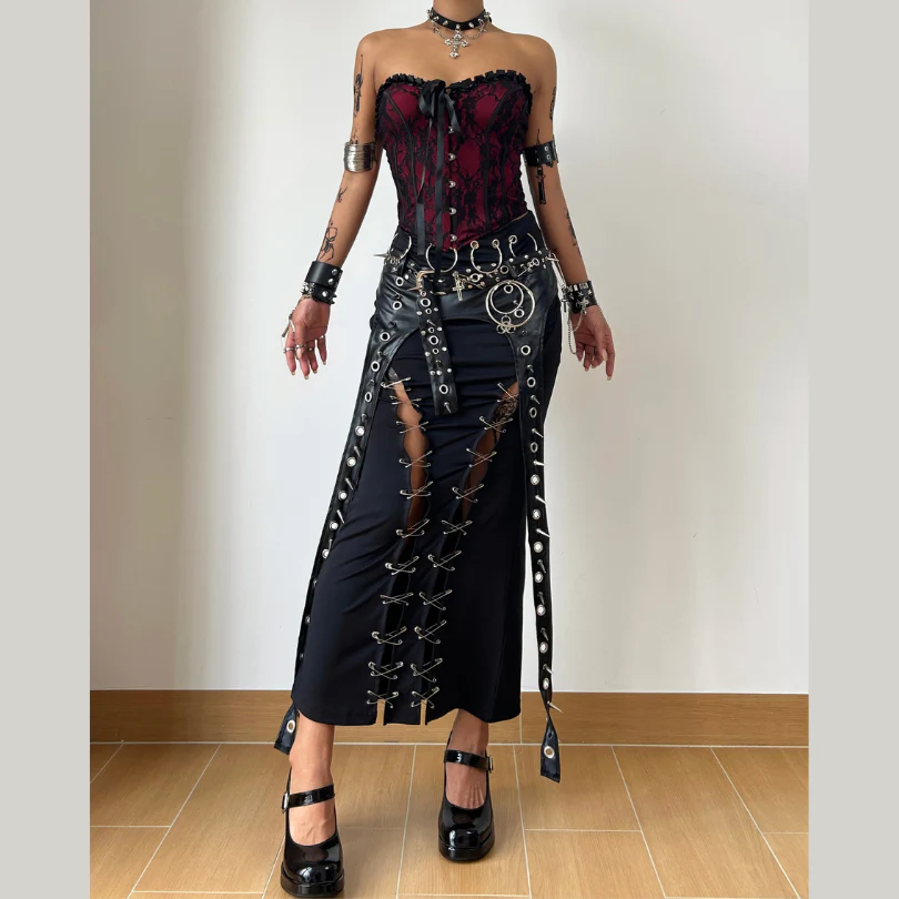 Sweetheart neck backless ruffle button corset contrast top goth Alternative Darkwave Fashion goth Emo Darkwave Fashion - Image 3