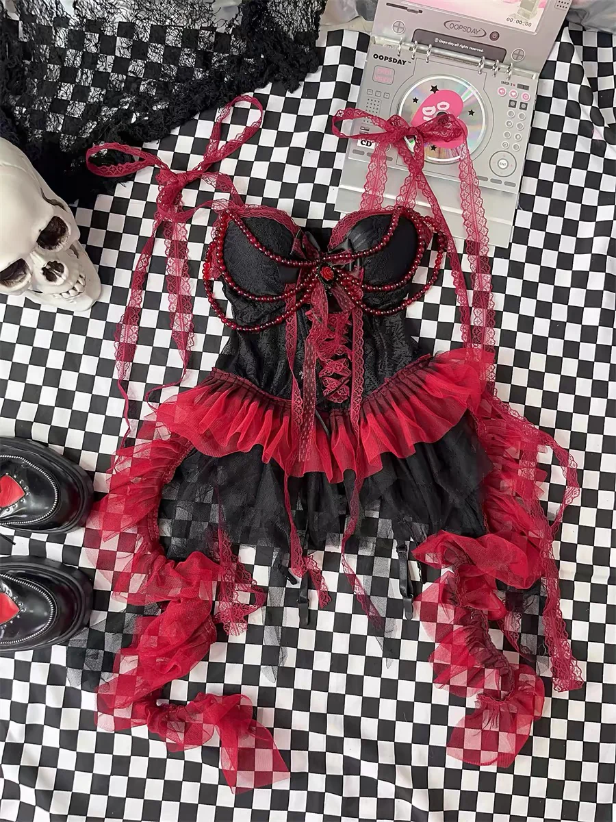 Sweetheart neck bowknot lace hem beaded mesh mini dress - Image 9