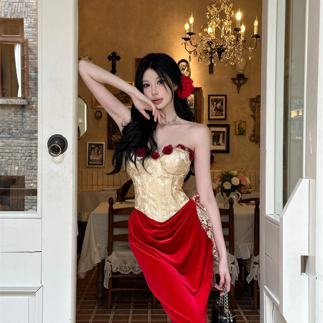 Sweetheart neck bustier flower applique contrast tube maxi dress - Image 2