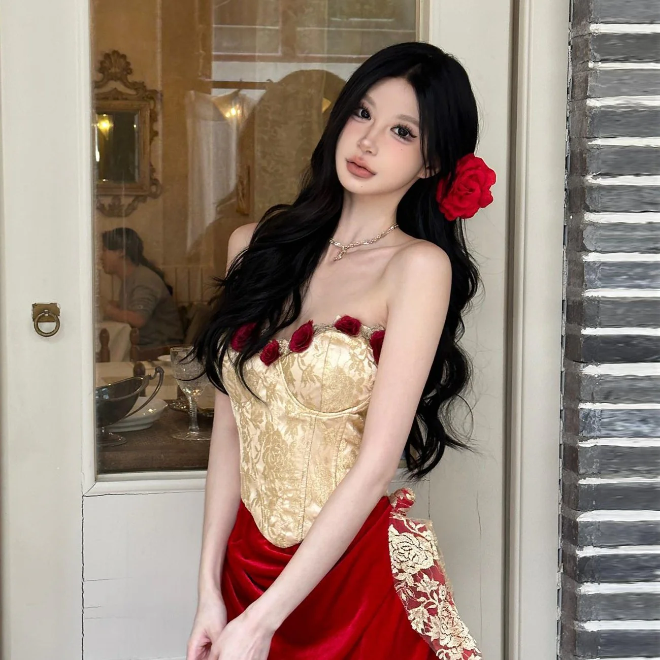 Sweetheart neck bustier flower applique contrast tube maxi dress - Image 3
