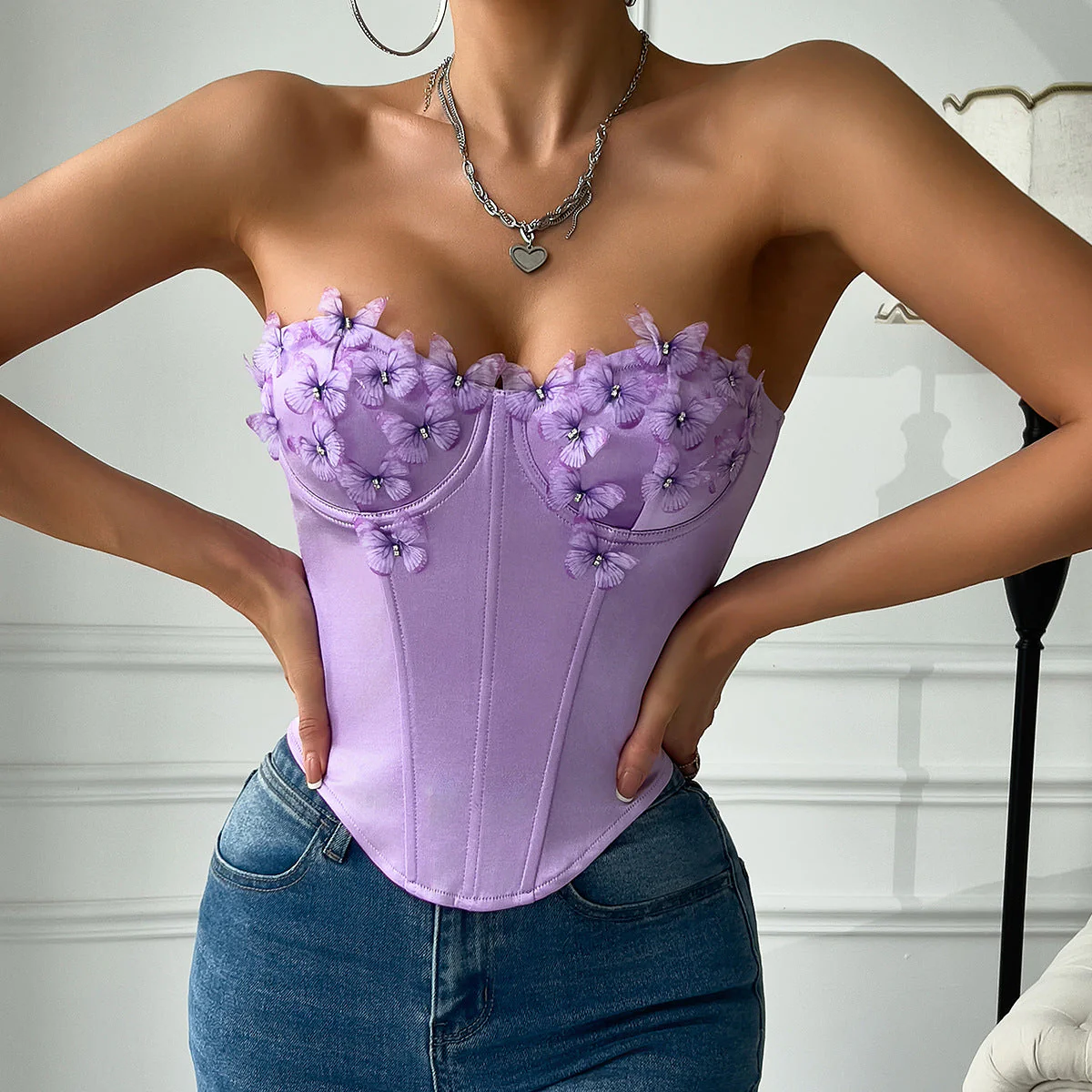 Sweetheart neck butterfly applique corset tube top - Image 2
