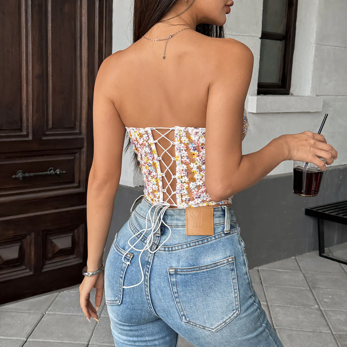 Sweetheart neck flower applique corset lace up top - Image 4
