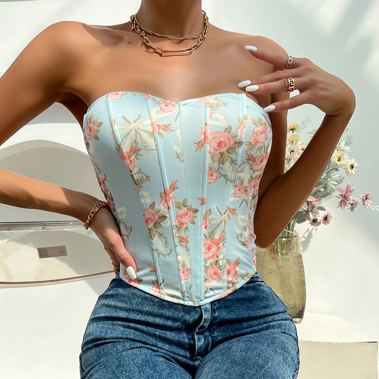 Sweetheart neck flower print corset tube top - Image 4