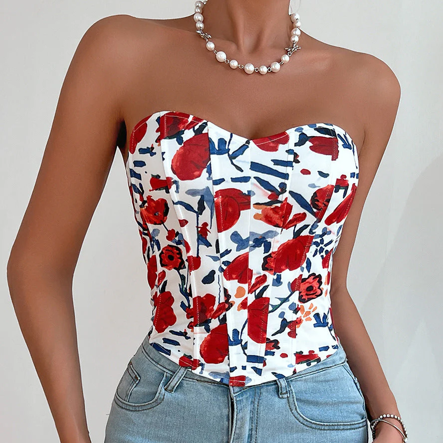 Sweetheart neck flower print corset tube top - Image 6
