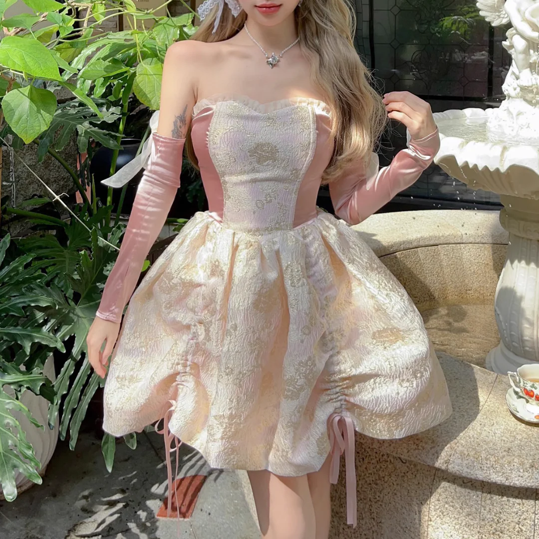 Sweetheart neck gloves drawstring ruffle lace up tube mini dress - Image 2