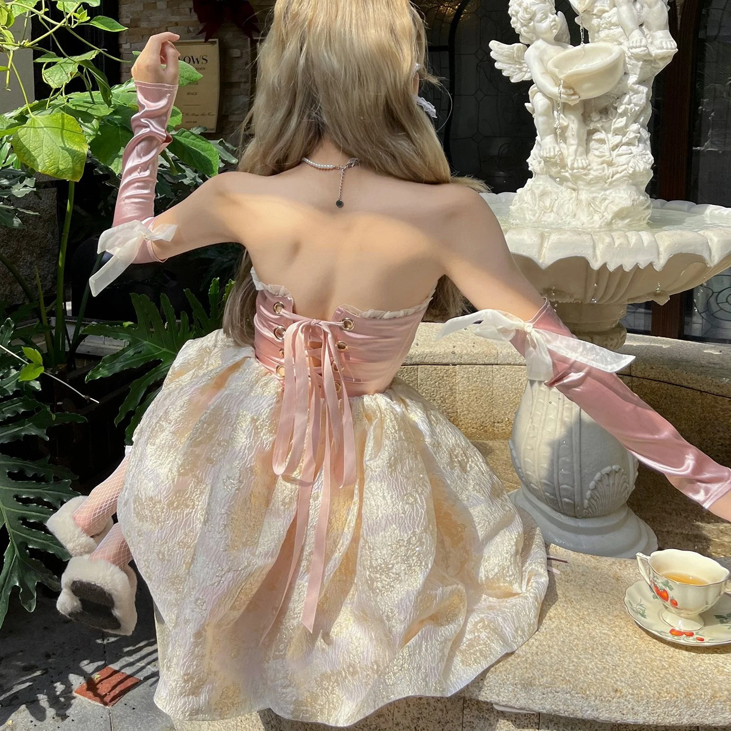 Sweetheart neck gloves drawstring ruffle lace up tube mini dress - Image 3