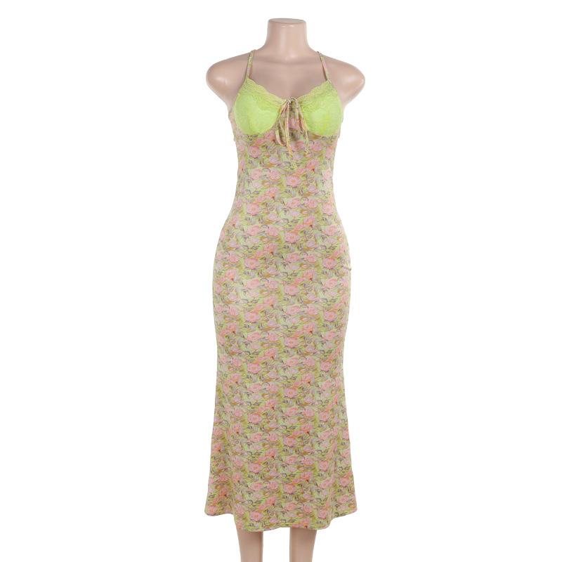 Sweetheart neck lace flower print knotted cami maxi dress - Image 2