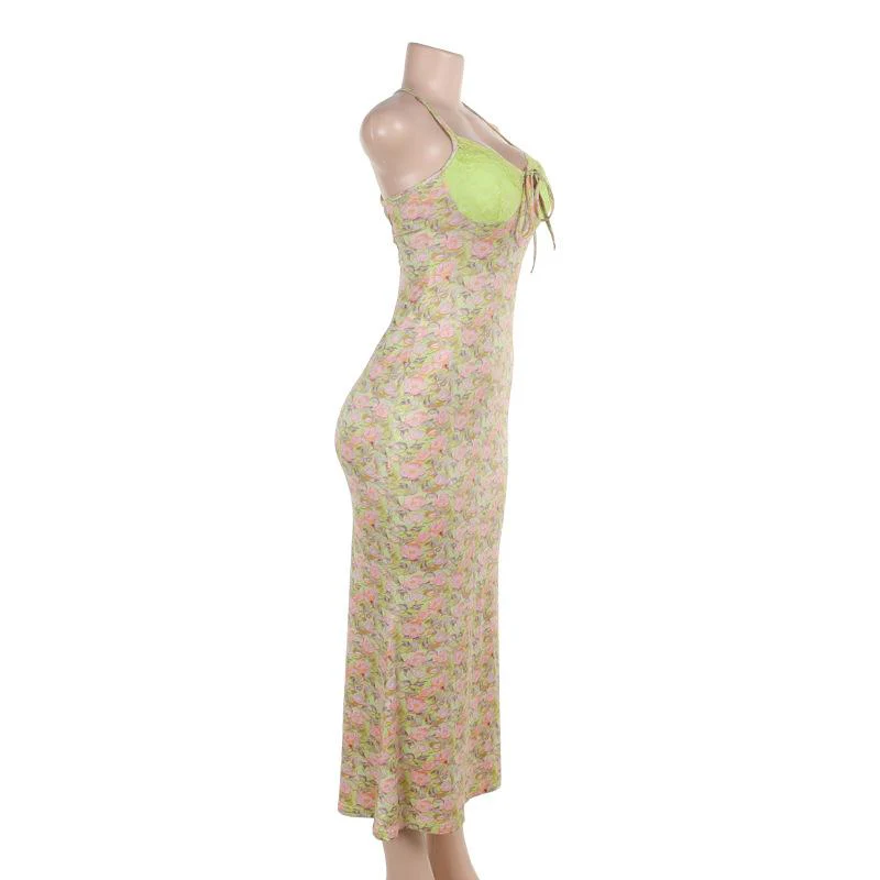 Sweetheart neck lace flower print knotted cami maxi dress - Image 3
