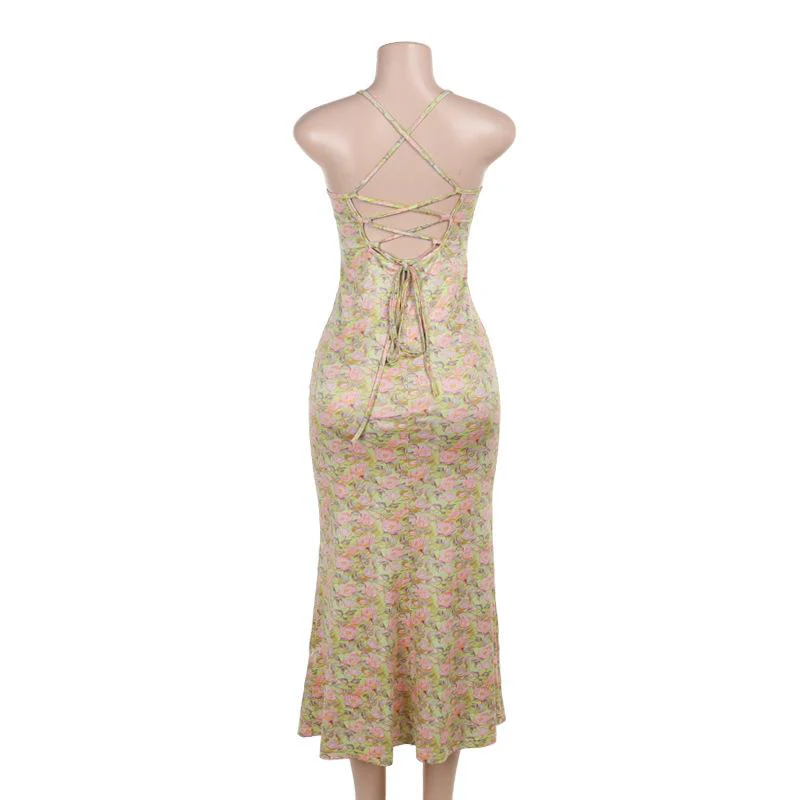 Sweetheart neck lace flower print knotted cami maxi dress - Image 4