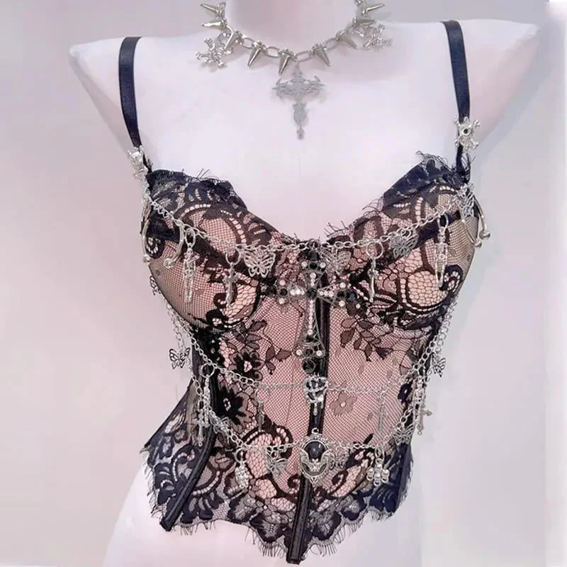 Sweetheart neck lace hem metal chain cami top - Image 3