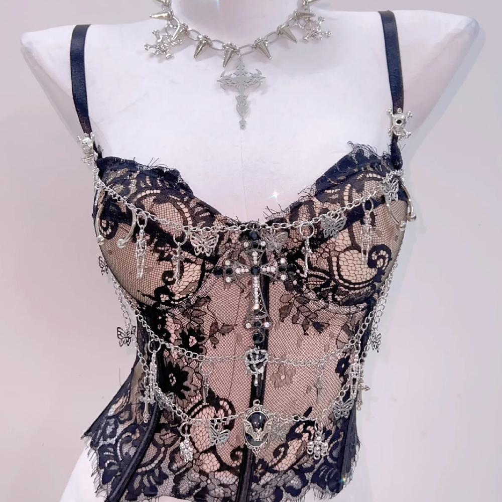 Sweetheart neck lace hem metal chain cami top - Image 4