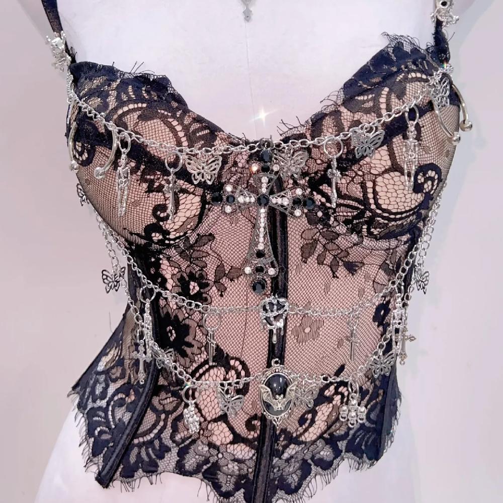Sweetheart neck lace hem metal chain cami top - Image 5
