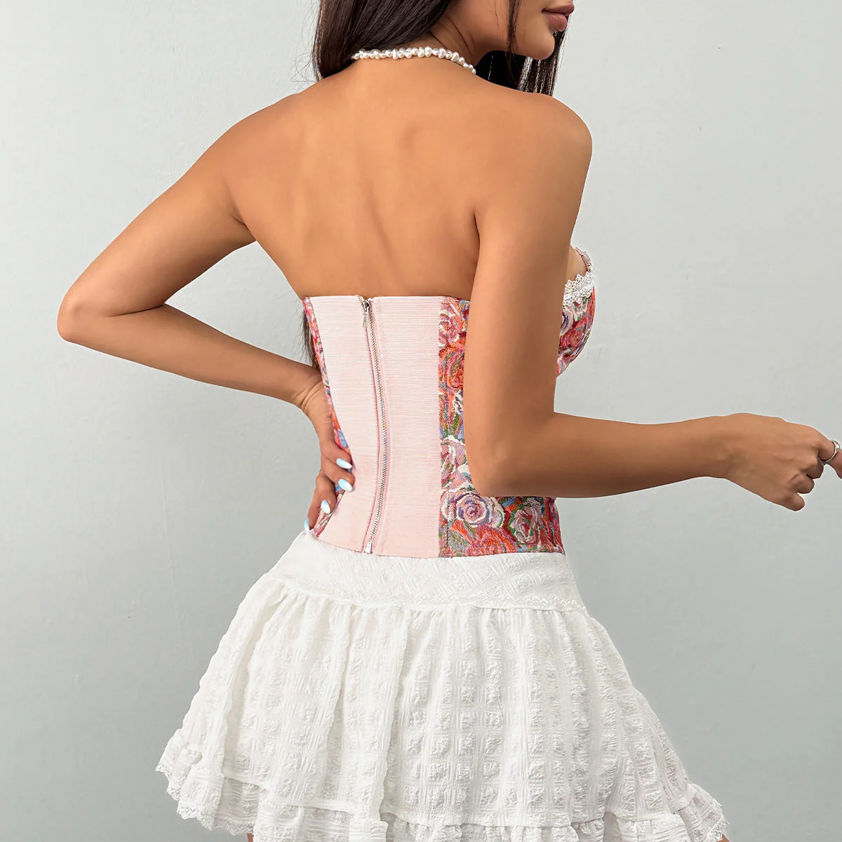 Sweetheart neck lace hem print zip-up tube top - Image 3