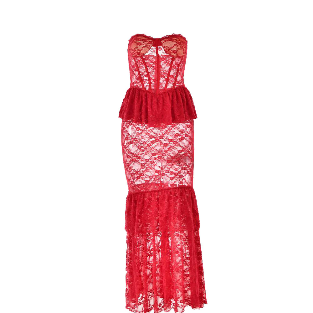 Sweetheart neck lace see through bustier ruched tube maxi dress - Image 2