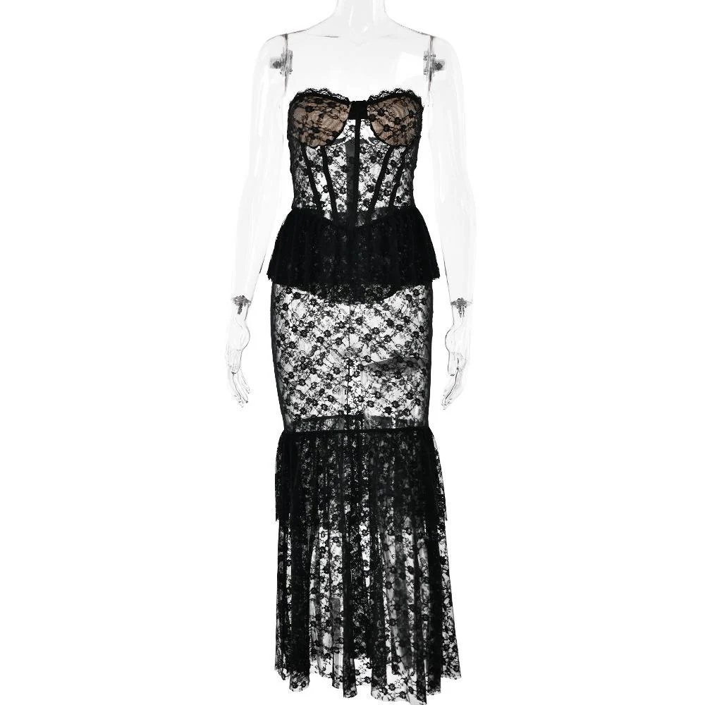 Sweetheart neck lace see through bustier ruched tube maxi dress - Image 3