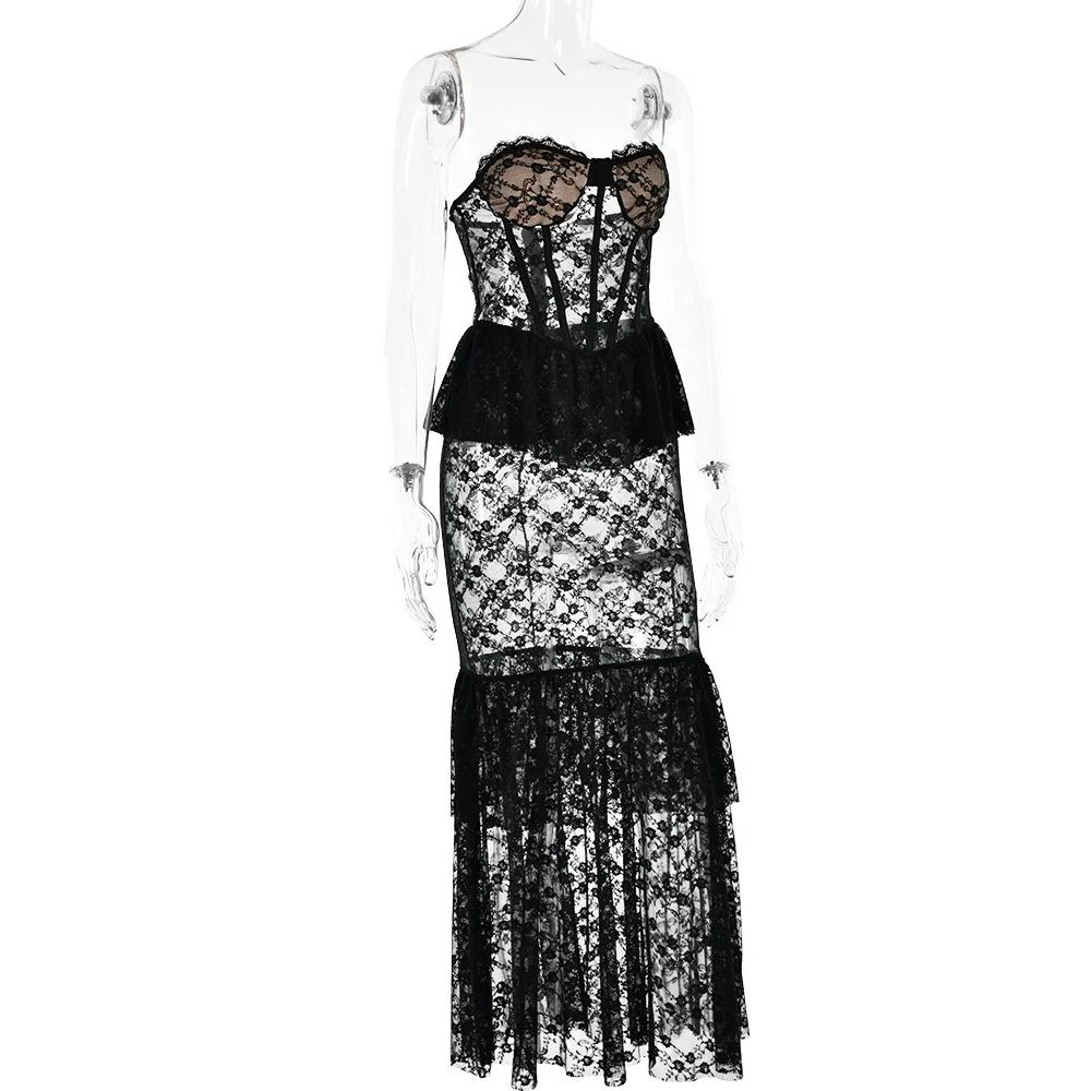 Sweetheart neck lace see through bustier ruched tube maxi dress - Image 4