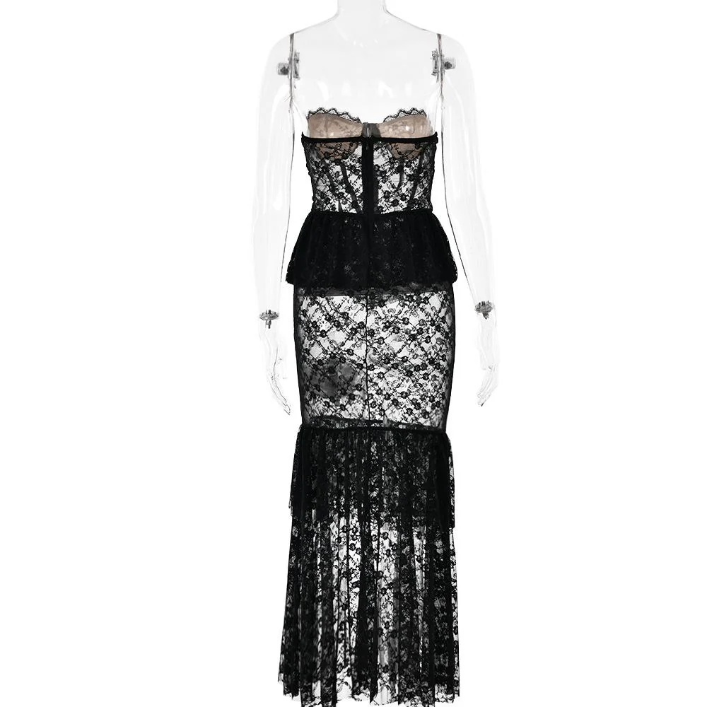 Sweetheart neck lace see through bustier ruched tube maxi dress - Image 5