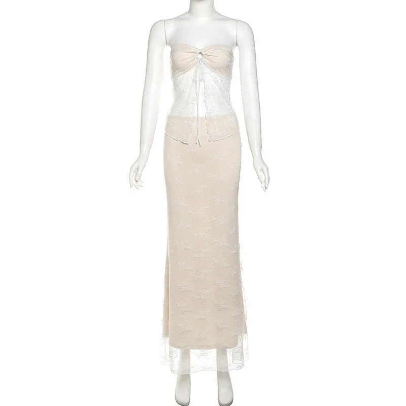 Sweetheart neck lace self tie crop maxi skirt set - Image 2