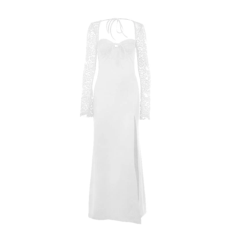 Sweetheart neck long sleeve self tie slit maxi dress - Image 2