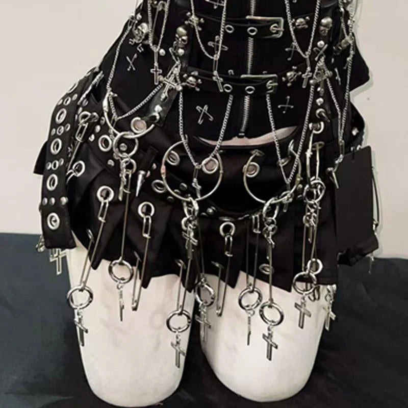 Sweetheart neck metal chain skull applique zip-up mini skirt - Image 5