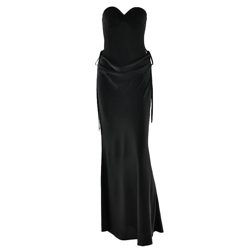 Sweetheart neck pleated satin backless tube maxi skirt set