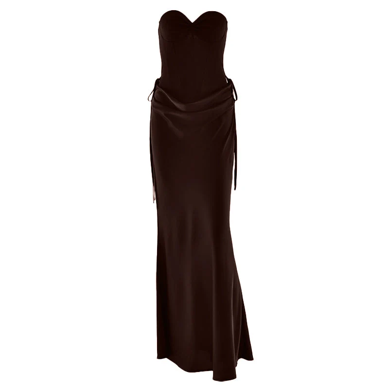 Sweetheart neck pleated satin backless tube maxi skirt set - Image 2