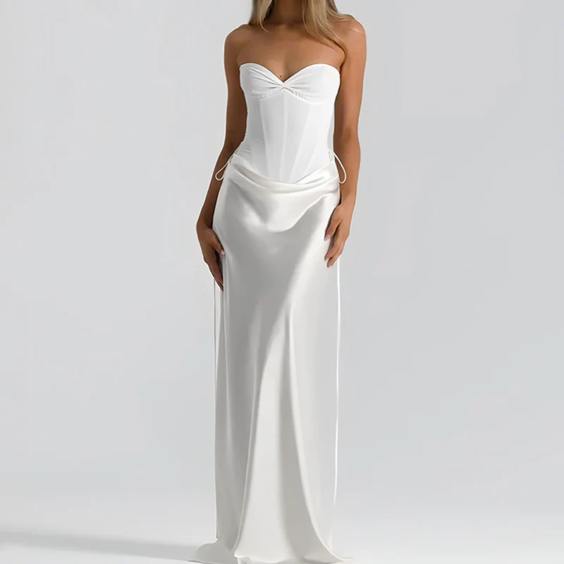 Sweetheart neck pleated satin backless tube maxi skirt set - Image 3