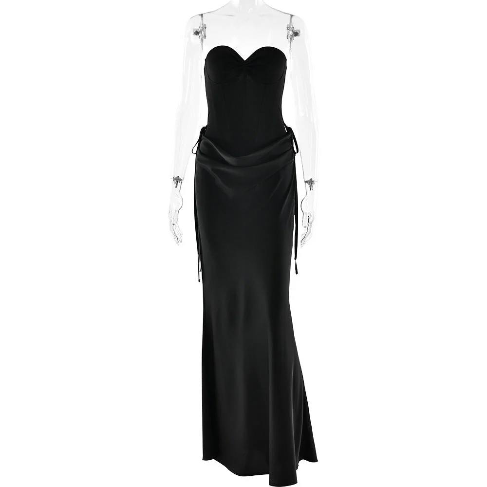 Sweetheart neck pleated satin backless tube maxi skirt set - Image 4