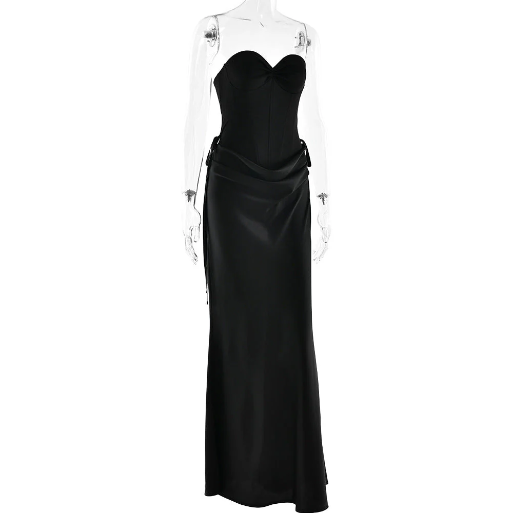 Sweetheart neck pleated satin backless tube maxi skirt set - Image 5