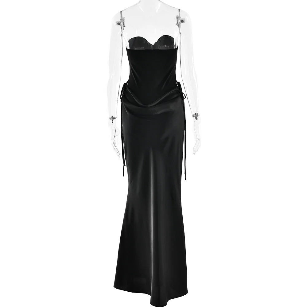 Sweetheart neck pleated satin backless tube maxi skirt set - Image 6