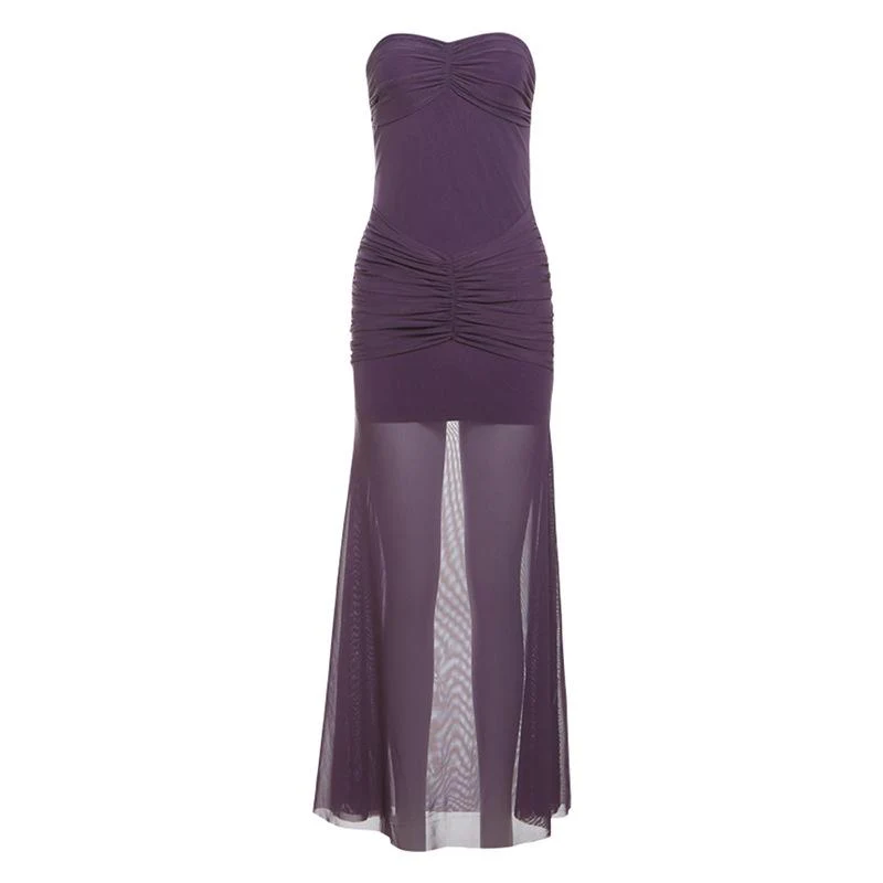 Sweetheart neck ruched mesh solid maxi dress - Image 3
