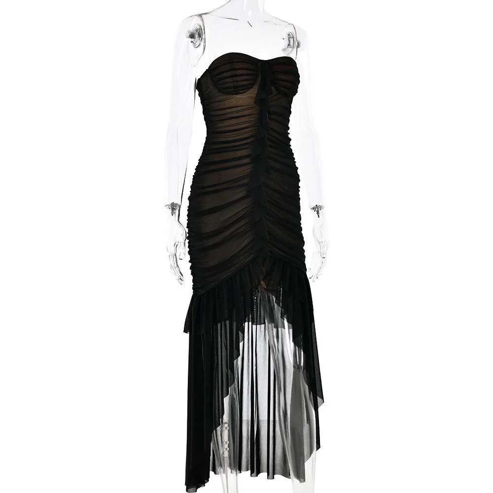 Sweetheart neck ruched ruffle tube midi dress - Image 4