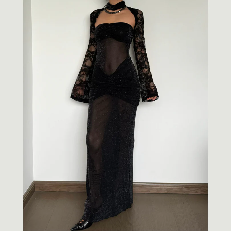 Sweetheart neck ruched see through glitter tube maxi dress - Image 2