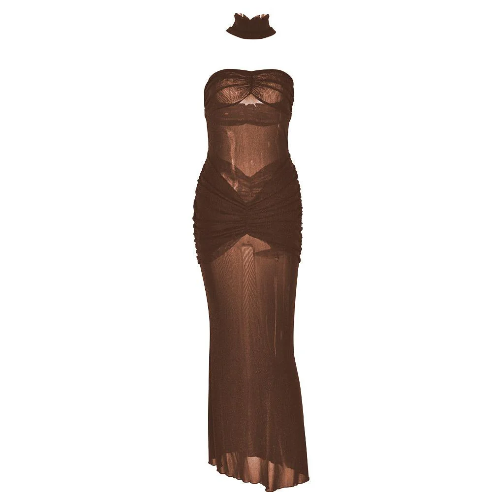 Sweetheart neck ruched see through glitter tube maxi dress - Image 4