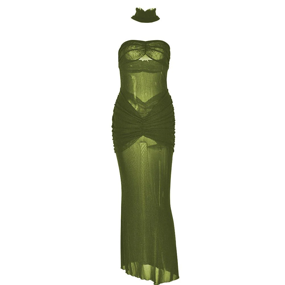 Sweetheart neck ruched see through glitter tube maxi dress - Image 5